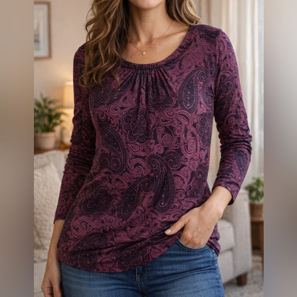 APT 9 Essential Burgundy Paisley Long Sleeve Top – Size Petite Large (PL)